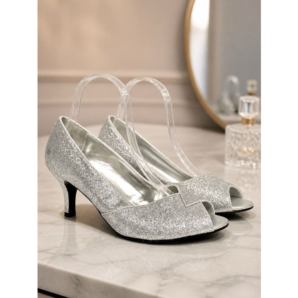SILVER PEEP TOE 3” KITTEN HEEL DANCE FLEX S-8.5W